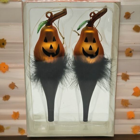 Rare Halloween Jack-o'-Lantern Glass Ornaments - Pumpkin Face & Feather Accents - Picture 1 of 6